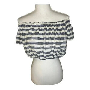 Aerie Size Medium Gray/Blue White Stripe Crop Top On/Off Shoulder Puff Sleeve‎